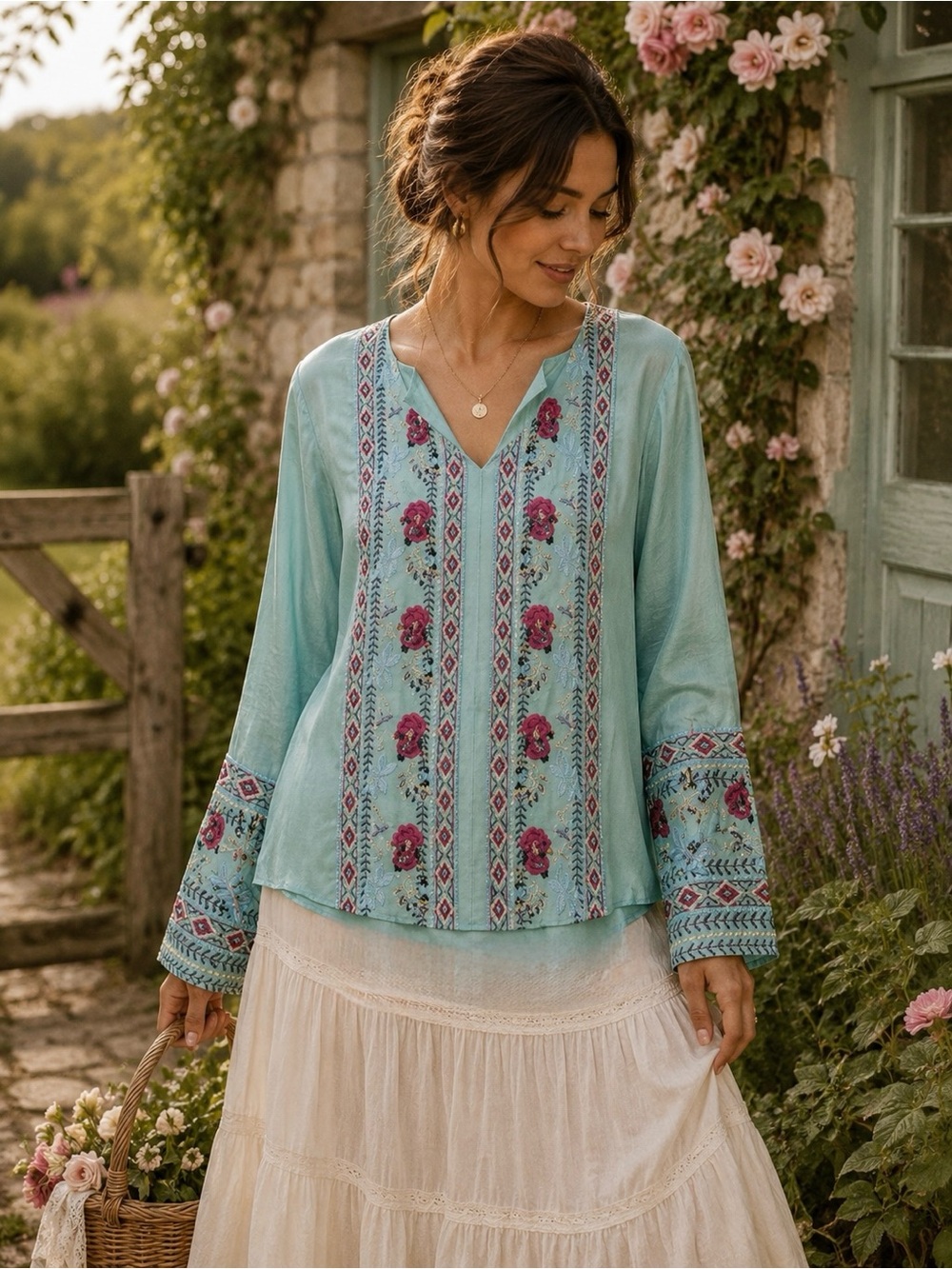 Sundance 100% Silk Embroidered Boho Tunic Blouse Sequin Detail Teal Medium